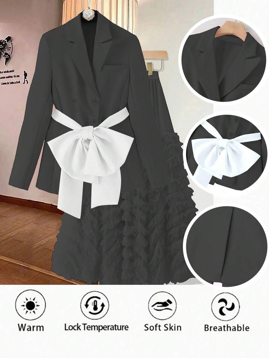 SHEIN Unity 女士休闲派对优雅系带西装外套,带蝴蝶结装饰 - 黑色 - 查看 1