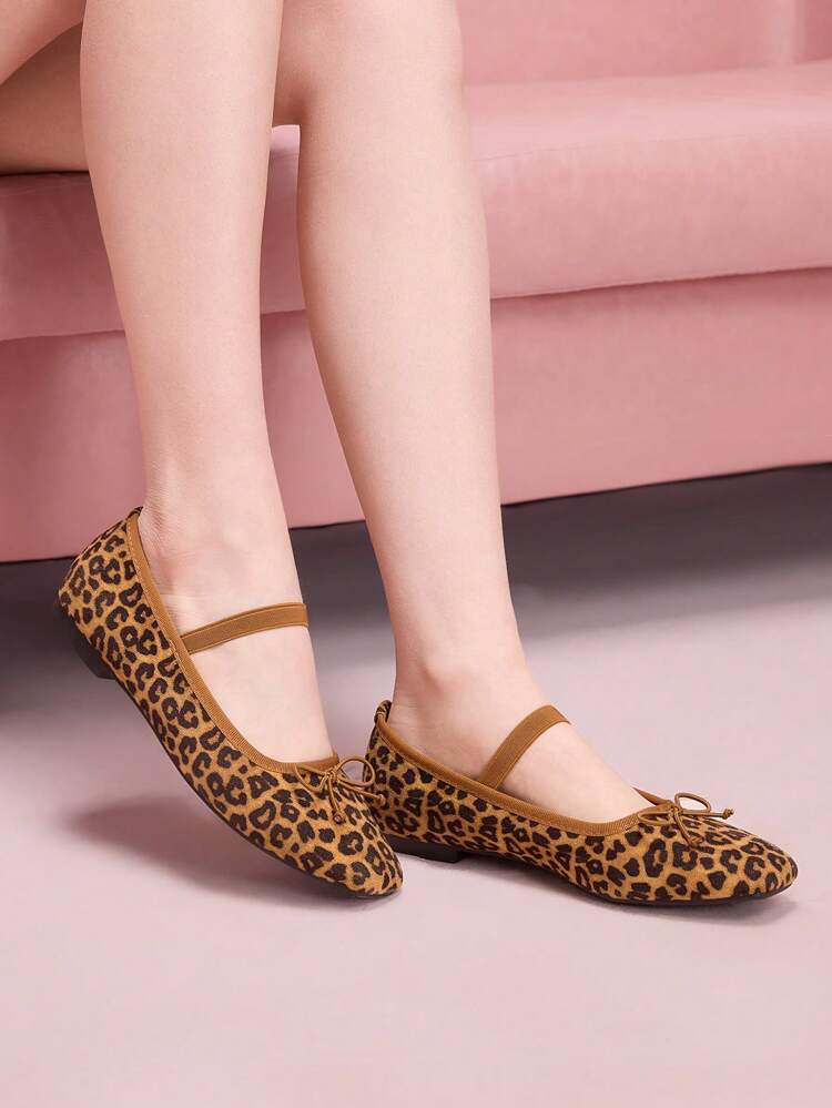 CUCCOO DOLLMOD Women Summer Bow-Knot Leopard Print Square Toe Soft Elegant Sweet School Style Yellow Leopard Pattern Flat Ballerina Flats, Commuting, Office, School, Mary Jane Shoes
