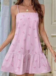 INAWLY Women's Summer Casual Striped Bow Printed Sling Dress - Pink - View 3