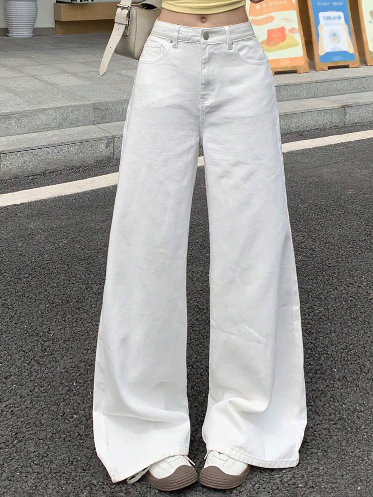 Casual Plain Color Wide Leg Jeans Low Rise Jeans