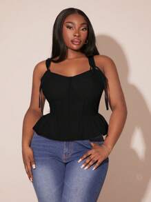 SHEIN SXY Plus Size Women Solid Color Valentines Day Bow Strap Deconstructed Split Visual Slim Waist Ruffle Hem Camisole Top, Suitable For Date Night, Birthday, Bachelorette Party, Cute, Casual, Shopping, Streetwear, Going Out, Easy To Match & Looks Slim, Accents Your Body, Flatters The Figure