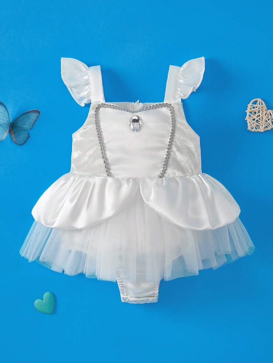SHEIN Perso Play Đầm liền thân công chúa màu trắng họa tiết hoa ren thanh lịch cho bé gái, thích hợp cho tiệc sinh nhật, đám cưới, phù dâu, kỳ nghỉ, hoạt động ngoài trời, lễ kỷ niệm ngày lễ, những dịp trang trọng, mùa xuân/hè - trắng - Xem 1