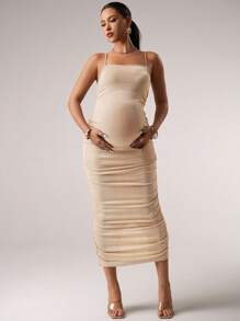 MaterniChic Maternity Sleeveless Ruched Solid Color Bodycon Dress Baby Shower Summer Outfits - Khaki - View 3