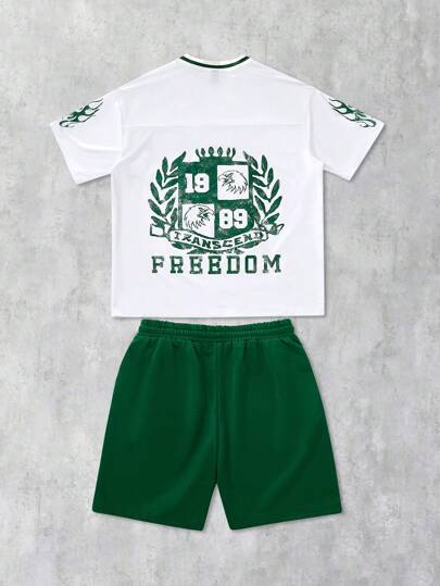 Prep Conjunto de camiseta y pantalones cortos deportivos para hombre, camiseta de cuello en V con estampado de dígitos y animales, y pantalones cortos con diseño de líneas estrelladas