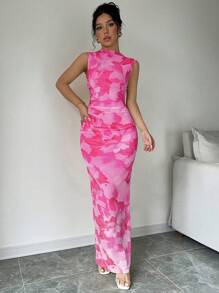 Rafferiza Váy đuôi cá thắt eo in hoa thanh lịch cho nữ, trang phục maxi mùa hè cho nữ - Hồng - Xem 6