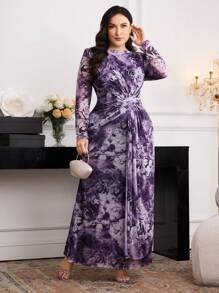 Modelyn 大码优雅花卉印花扭腰连衣裙 - 紫色 - 查看 7