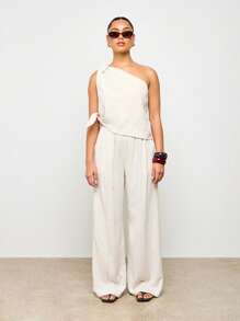 AiiRZ Élégant Top asymétrique à une épaule avec détail de nœud sur le côté. Tenue de vacances, soirée d'été, style de mariage. Blouse de style vacances - Nude - Voir 3