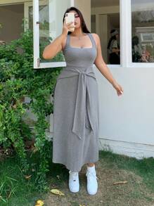 Dazy Plus Plus Size Solid Color Wrap Front Faux-Twofer Drawstring Sleeveless Dress, Grey Milkmaid Dress Women Summer Set,Casual Women Dresses - Grey - View 6