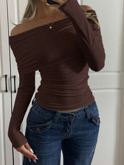CovetEZ Brown Casual Knit Off Shoulder Ruched Fitted T-Shirt,Rave Top
