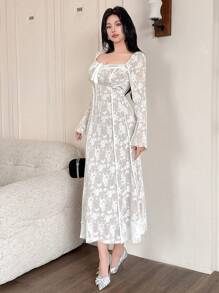 DAZY Sukienka imprezowa damska na wiosnę i lato, koronkowa, średniej długości, elegancka, sukienka Milkmaid, falbanka, jesień, zima - Biały - Zobacz 3