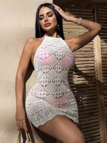 RueChic Vestido corto de punto verde oliva con diseño calado como prenda de cubrimiento
