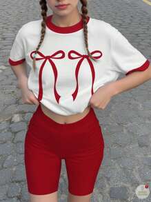 SHEIN Leap Crew Teen Girls' Casual Simple Bow Printed Contrast Color Short Sleeve Loose T-Shirt & Shorts 2pcs Set, Suitable For Summer