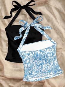 Soleia 2pcs/Set Women's Halter Backless Flower Ruched Summer Tank Top Clothes Suitable For Going Out - Multicolor - View 2