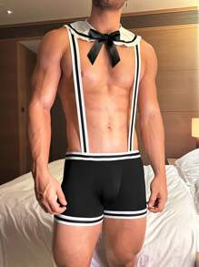 男士对比条纹性感角色扮演服装 - 黑色 - 查看 5