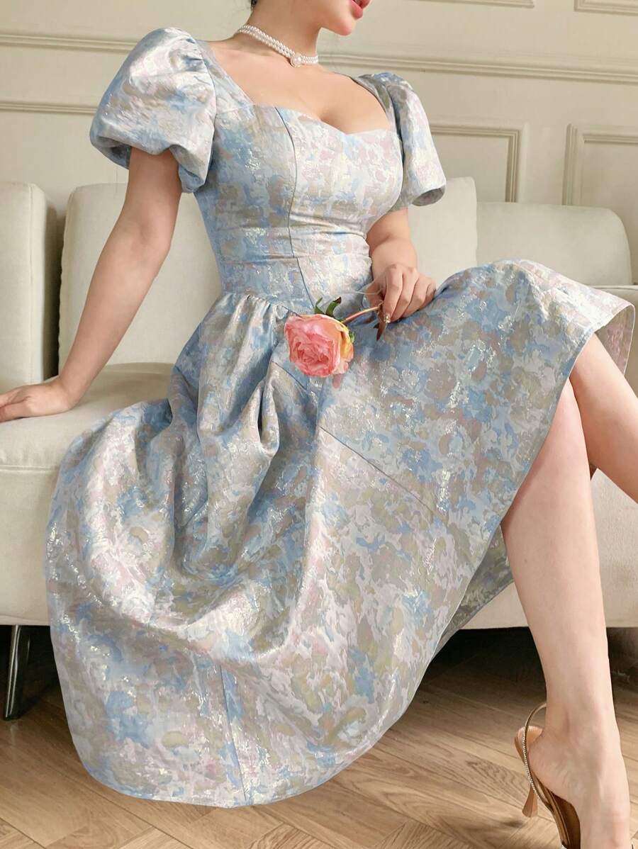 DAZY 女士提花甜心领优雅时尚泡泡下摆迷你连衣裙 女士休闲连衣裙 生日装 女士夏季服装 女士服装 花卉图案 - 藍色 - 查看 1
