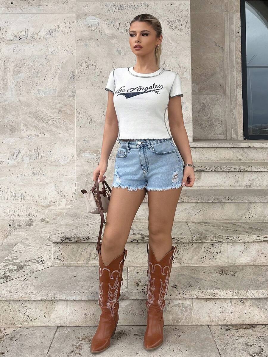 SHEIN Cottnline RueChic Summer Casual Distressed Frayed Hem Denim Shorts Woman S Summer Clothes Women S Clothes Women Summer Sets Women Short Set - Light Wash - View 1