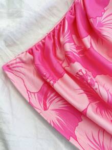 SHEIN WYWH Débardeur moulant pour femmes grandes tailles avec impression romantique d'hibiscus, col ras-du-cou et taille froncée. Mode pour les saisons printemps/été. Convient pour les fêtes, rendez-vous, la Saint-Valentin, le thé de l'après-midi, Pâques, le carnaval, les croisières balnéaires