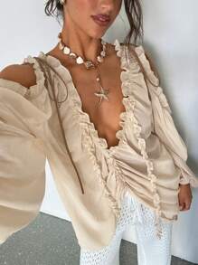 Aloruh Blusa bohemia de mujer en gasa de color albaricoque con cuello en V profundo con volantes y terciopelo