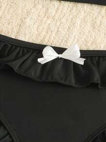 2pcs/Set Little Girls Adorable Pink Swimsuit Set, Bowknot, Ruffle Straps & Trim, Tankini & Bottoms - Black - View 5