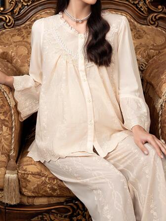 Moonlight & Mama 撞色花卉滚边V领上衣和裤子孕妇睡衣套装，秋冬服装