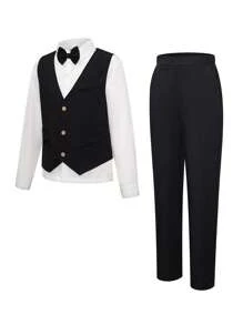 SHEIN 3pcs Tween Boy Korean Slim-Fit Suit Set For Formal Occasions: Fitted Vest + Straight Casual Pants + Detachable Bowknot. Suitable For Boys To Wear At Elegant Events Like Ceremonies, Parties, Hosting, Piano Recitals, Gatherings, Runway Shows, Christenings, And Business Occasions - Black - View 1
