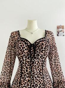 SHEIN WYWH Vestido mini acampanado de talla grande para mujer con estampado de leopardo, cuello cuadrado de malla y mangas acampanadas, con bloque de color en el corpiño - Multicolor - Ver 5