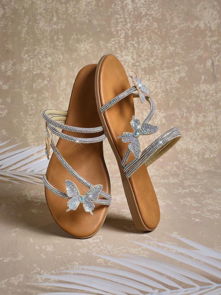 SHUZIA Giày sandal quai bướm đính đá lấp lánh màu sâm panh cho nữ - Đa năng, lấp lánh và thoải mái - Rượu sâm banh - Xem 1