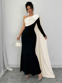 Elenzga Women Dress With Asymmetrical Open Shoulder & 3D Floral Design Maxi Women Outfit