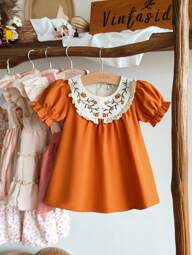 Vintaside Kids Vestido Bordado com Flor de Manga Curta e Decote Redondo para Meninas Bebês na Primavera/Verão, Cores Suaves, Estilo Elegante, Padrão Delicado, Silhueta Ajustada, Adequado para Passeios Diários de Bebês, Uso Casual em Casa, Fácil de Criar um Visual de Festa Doce