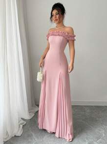 Elenzga 露肩荷叶边修腰 A 字形荷叶边下摆拼接雪纺褶皱优雅浪漫女式连衣裙 - 藕粉色 - 查看 3