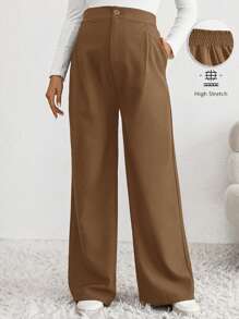 SHEIN Maternity Casual Brown Woven Fabric Long Pants With Zipper Detail And High Stretch For Comfortable Everyday Wear - Brown - View 1