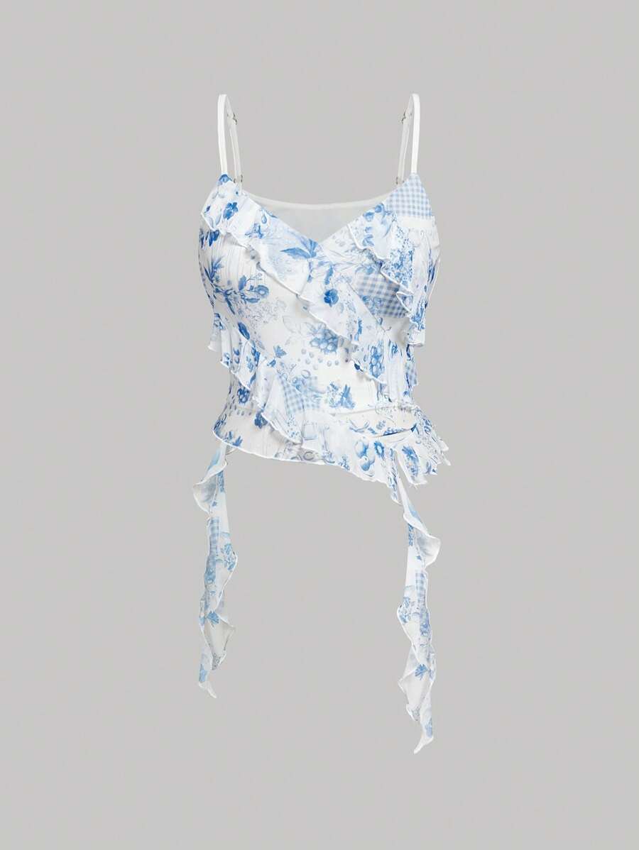 SHEIN MOD 蓝白印花弹力网布海藻吊带装饰加大码针织吊带背心，女士夏季、沙滩、节日必备 - 藍白色 - 查看 1