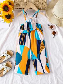 Baby Mädchen ärmelloses Rüschen Saum Jumpsuit mit geometrischem Muster, Urlaubsstil - Verschiedenfarbig - Übersicht 2