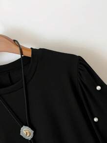 SHEIN LUNE Plus Size Casual Commute Decor Rhinestone Lantern Sleeve T-Shirt - Black - View 5