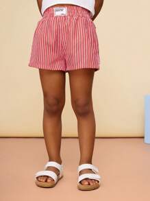 SHEIN CutesyCutie Young Girl Woven Solid Letter Print Elastic Waist Casual Shorts - Red - View 4