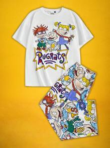 Nick 90s X SHEIN Plus Size Casual Cartoon Graphic Short Sleeve Top And Pants Pajama Set, Summer
