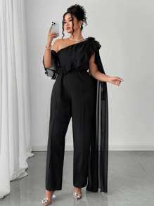 Elenzga Mono de verano elegante para mujer de gasa con hombros abiertos y diseño floral 3D