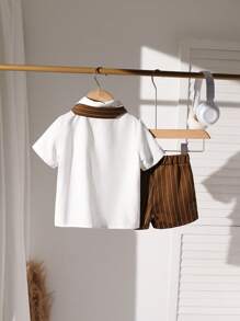 SHEIN 男童条纹蝴蝶结短袖单排扣衬衫和短裤休闲两件套 - 軍綠色 - 查看 2