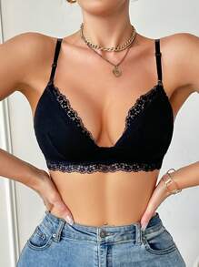 Moonlight&Mama Maternity Solid Color Lace Trim Nursing Bra Without Padding  Maternity - Black - View 3