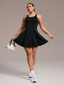 Easithlete Plus Size Women Solid Color Pocketed Casual Fitness Sports Camisole Dress