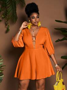 Maweii Plus Size Women Deep V-Neck Lantern Sleeve Sexy Romper - Orange - View 2
