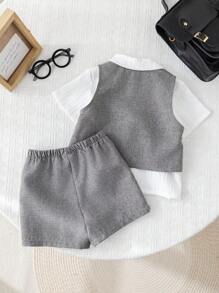 Set de 2 piezas con chaleco y pantalones cortos grises con botonadura doble informal y estilo coreano para niño/niña, adecuado para fiesta de cumpleaños, fiesta de noche, actuación, boda, celebración del mes, bautizo y primer cumpleaños, fiesta de bebé