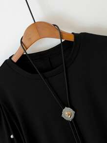 SHEIN LUNE Plus Size Casual Commute Decor Rhinestone Lantern Sleeve T-Shirt - Black - View 4