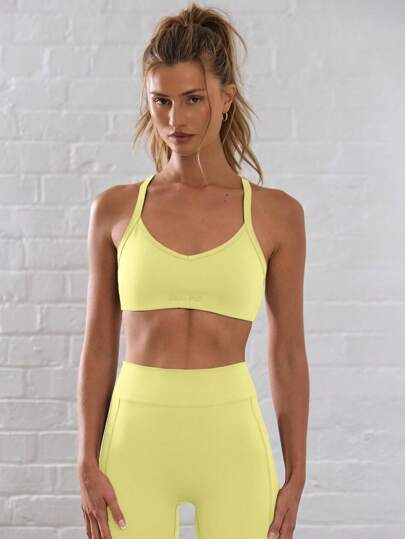 Ra Sport Spaghetti Strap Strappy Cross Back Active Wear Sports BH Yellow, Padel, Tennis, Pickleball Gym Fitness