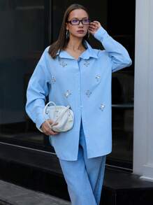 SHEIN Cottnline Rhinestone Patched Roll Tab Sleeve Shirt - Blue - View 5