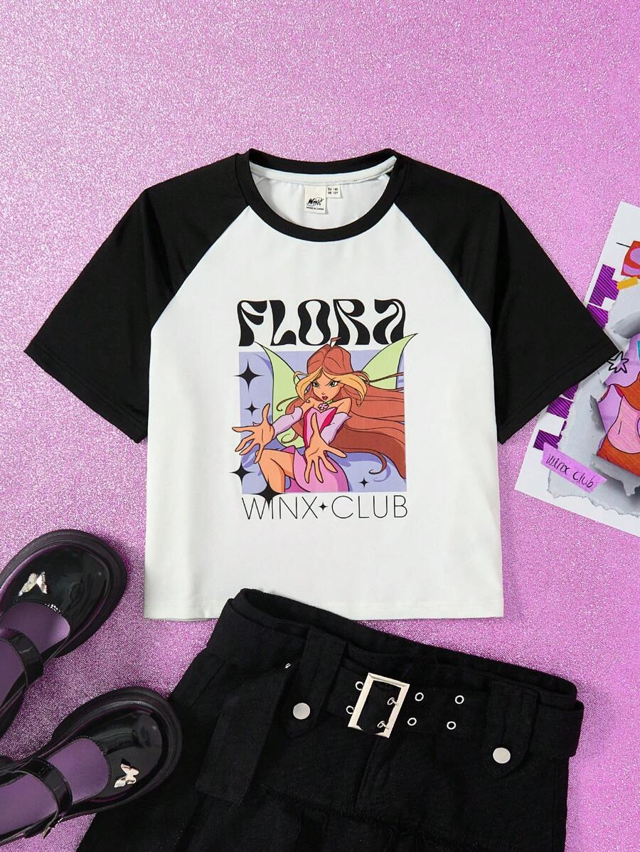 The Winx X SHEIN Tween Girl Magical Fairy Princess Print Casual Versatile Short Sleeve T-Shirt - Black - View 1