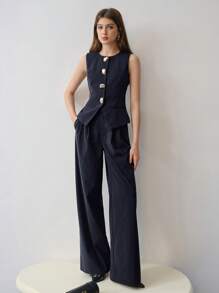 MOTF STUDIO STRIPED PRINT BUTTON UP WAISTCOAT - Navy Blue - View 1