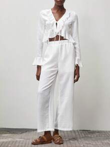 Lumivelle Women's Ruffle Trim Bell Sleeve Casual 2 Pieces Set - White - View 7