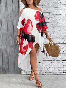 SHEIN VCAY Váy suông hở vai một bên vai cỡ lớn đi nghỉ mát - Đỏ - Xem 4