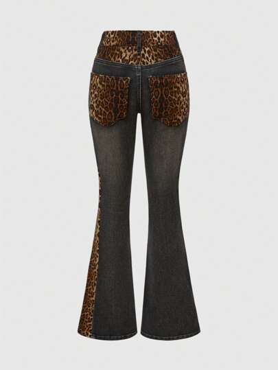 Grunge Punk Jeans acampanados de cintura baja con estampado de leopardo en patchwork, estilo retro Y2K para mujeres